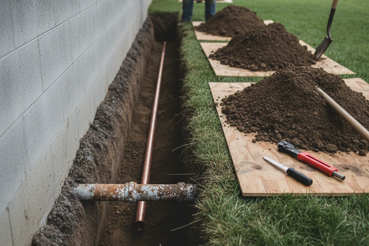 Excavated water line trench during Water Softener Installation in Belmont